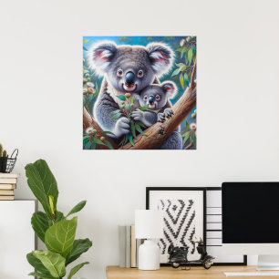 Poster Watercolor Koala e Baby Joey em uma pintura em árv