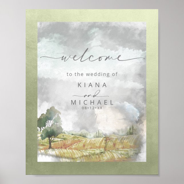Poster Watercolor Landscape Wedding Welcome Sage ID786 (Frente)
