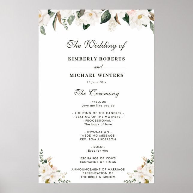 Poster Watercolor magnolia floral wedding program (Frente)