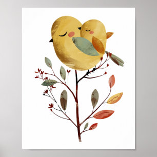 Poster Watercolor Mama Bird & Pintinho Whimsical NurserRo