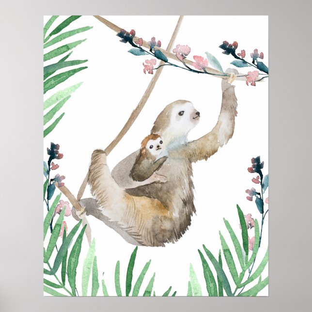 Poster Watercolor mama e bebê Sloth (Frente)