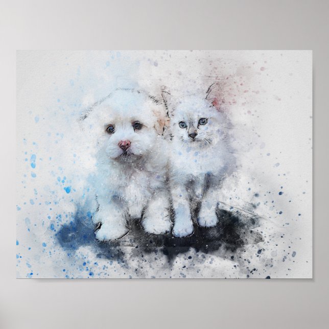 Poster Watercolor Mix Media Kitten & Puppy Buddies (Frente)