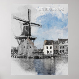 Poster Watercolor Netherlands Windmill – Dutch 