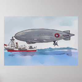 Poster Watercolor of a dirigible tethered to a boat