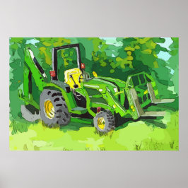 Poster Watercolor of a green tractor, backhoe, forklift
