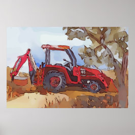 Poster Watercolor of a orange tractor backhoe