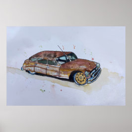 Poster Watercolor of a rusty old antique sedan