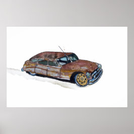 Poster Watercolor of a rusty old antique sedan