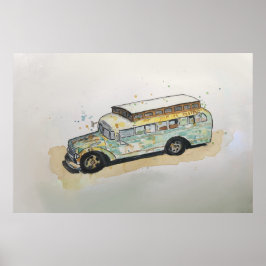 Poster Watercolor of a rusty RV bus conversion