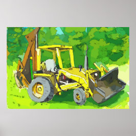 Poster Watercolor of a yellow tractor with backhoe
