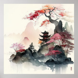 Poster Watercolor Pagoda Art