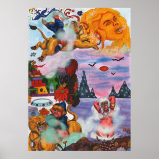 Poster Watercolor Painting Fantasy Eros pedalando a leoa