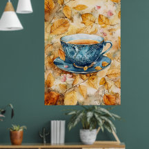 watercolor painting of a blue porcelain teacup