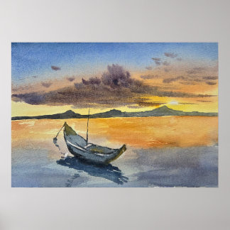 Poster Watercolor Painting Sunset scene 