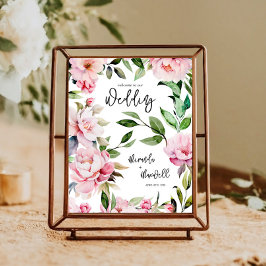 Poster Watercolor Peony Magnolia Pink Wedding Bem-vindo