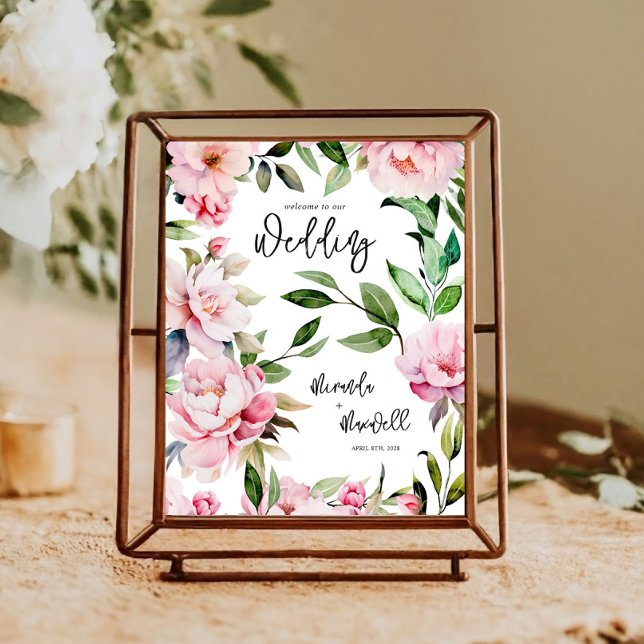 Poster Watercolor Peony Magnolia Pink Wedding Bem-vindo (Criador carregado)