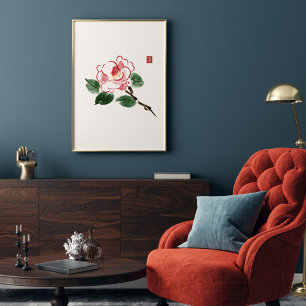 Poster Watercolor Pink Camellia Flores Hieroglyph Wealth