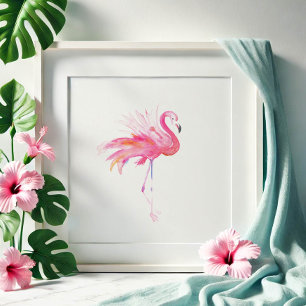 Poster Watercolor Pink Flamingo Original Tropical Art