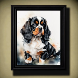 Poster Watercolor Pinting Rei Charles Cavalier Puppy