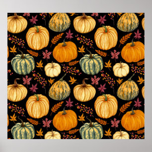 Poster Watercolor Pumpkins: Padrão Sem Costura de outono.