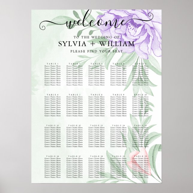 Poster Watercolor Purple Blooms Buquê Casamento (Frente)