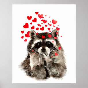 Póster Watercolor Raccoon Beija Corações Engraçados