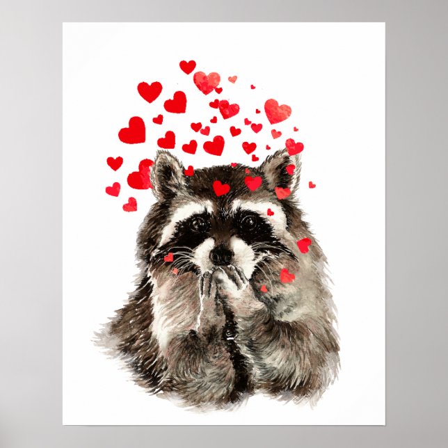 Póster Watercolor Raccoon Beija Corações Engraçados (Frente)