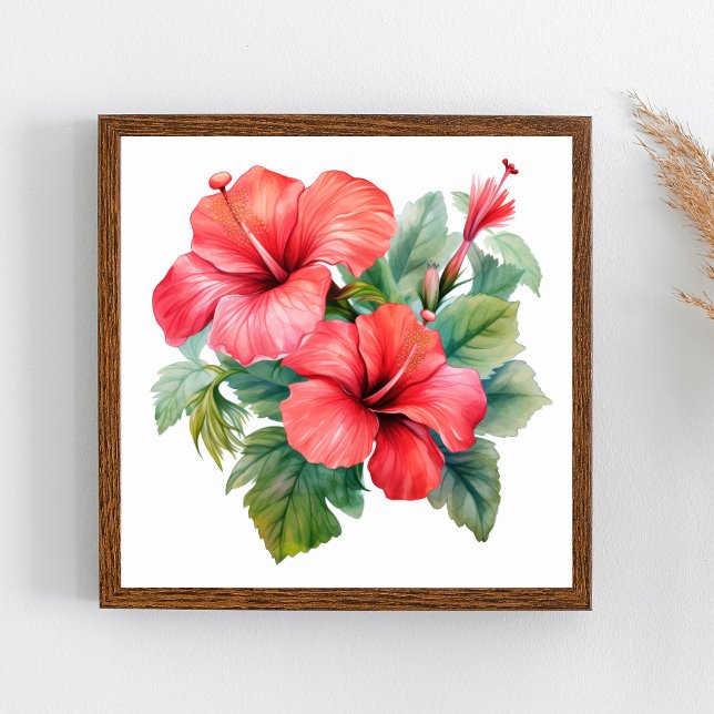 Poster Watercolor Red Bright Hibiscus Floral Greenerescên (Red Hibiscus Tropical Floral Wall Art Print poster)