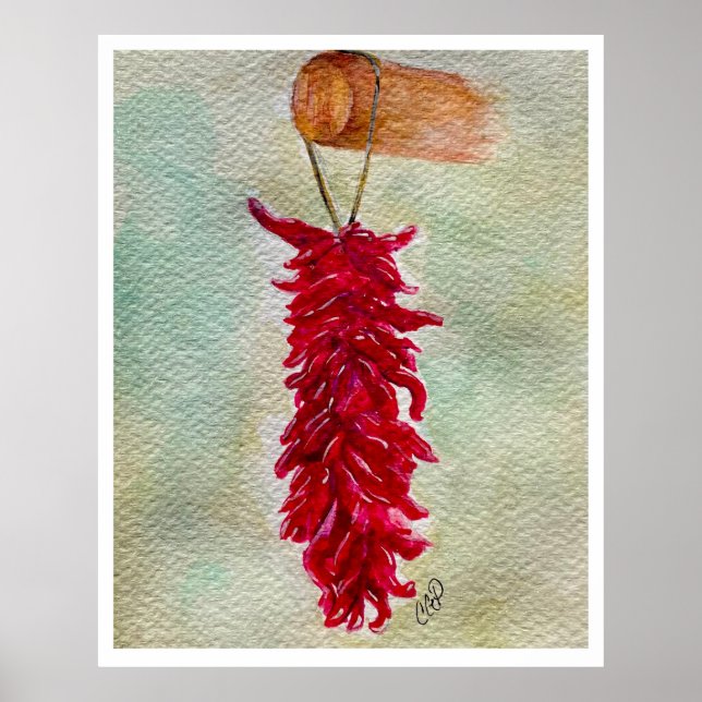 Poster Watercolor Red Chile Ristra Novo México (Frente)