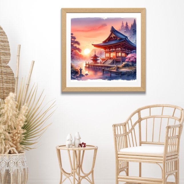 Poster Watercolor Sakura Templo Japonês em Sunset (Criador carregado)