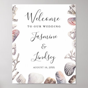 Poster Watercolor Sea Shell Beach Wedding Welcome Sign