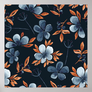 Poster Watercolor seamless floral pattern with indigo flo