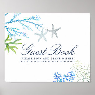 Poster Watercolor Seaweed Beach Casamento Sinal de Livro 