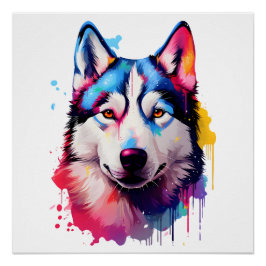 Póster Watercolor Siberian Husky Colorir Art