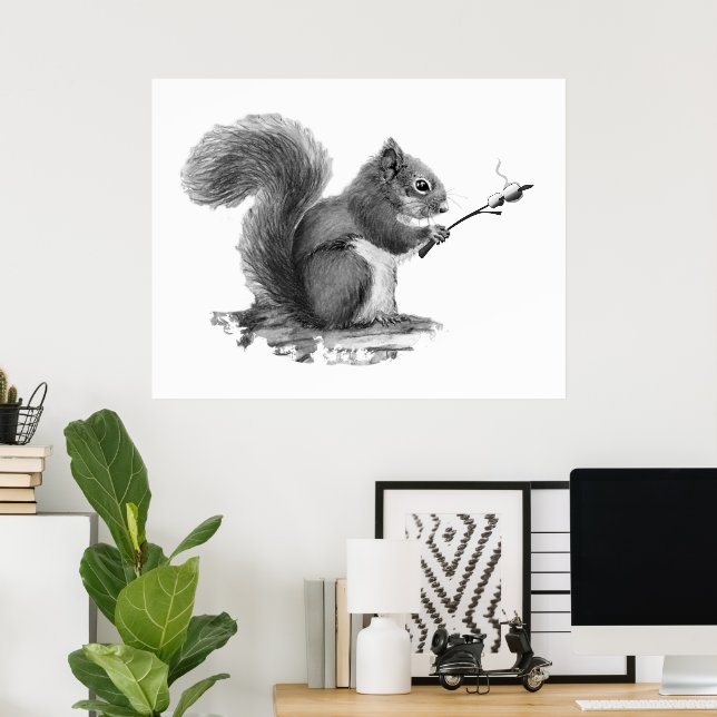 Poster Watercolor Squirrel Toasting Marshmallow Animal  (Escritório em casa)