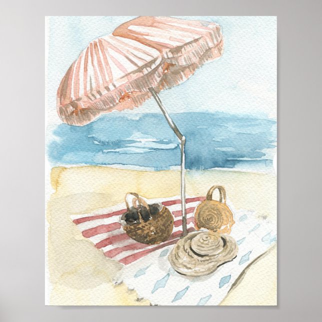 Poster Watercolor Striped Beach Umbrella (Frente)