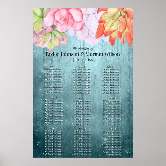 Poster Watercolor Succulents teal Wedding Seating (Frente)