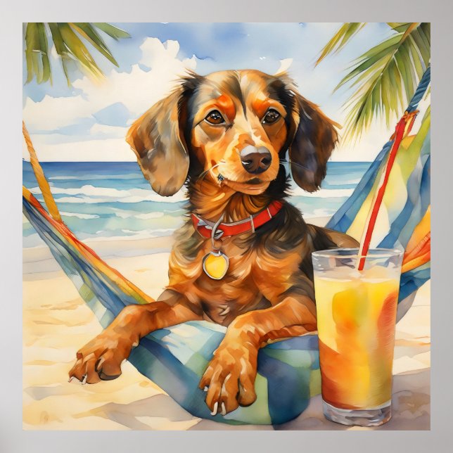 Poster Watercolor Teckel Dog Bebendo Piña Colada Beach (Frente)