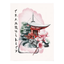 Watercolor Templo Sakura Flor