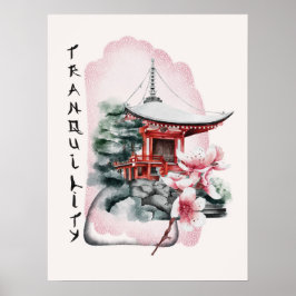 Poster Watercolor Templo Sakura Flor