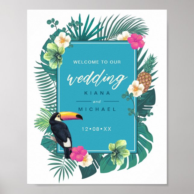 Poster Watercolor Tropical Wedding Welcome Teal ID577 (Frente)