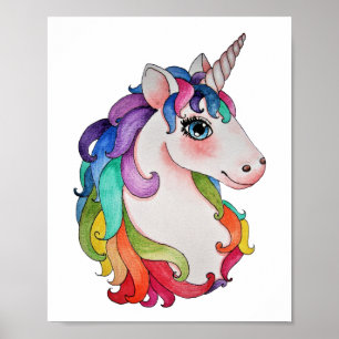 Poster Watercolor Unicorn Com Cabelo Arco-Íris