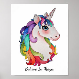 Poster Watercolor Unicorn With Rainbow Hair
