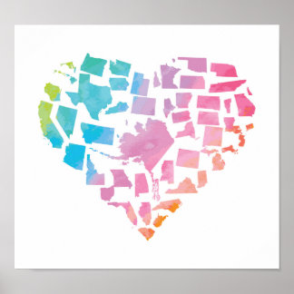 Poster Watercolor United States Heart