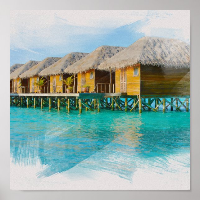 Poster Watercolor Villa no quadro das ilhas Maldivas (Frente)