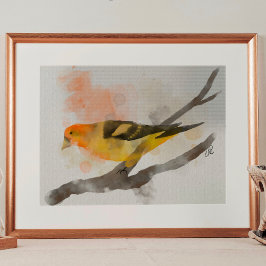 Poster Watercolor Western Tanager Yellow Bird Branch