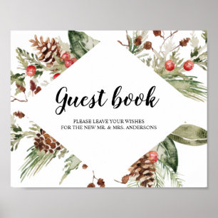 Poster Watercolor Winter Green Pine Tree & Pine Cone Pos