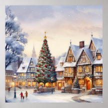 Watercolor Winter Scenery Christmas Village