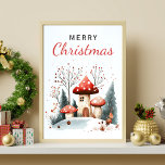 Poster Watercolor Winter Woodland Merry Christmas<br><div class="desc">Para a família no Natal. Cogumelos de inverno com aquarela Feliz poster de Natal. Entre no espírito da época festiva com um impressão festivo.</div>