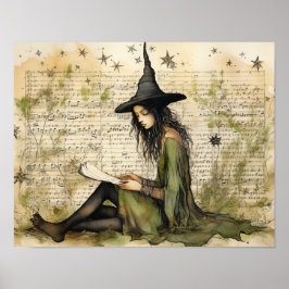 Poster Watercolor Witch Vintage Papers